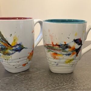 Demdaco Dean Crouser Watercolor Stoneware Mugs Hummingbird & Chickadee Set of 2